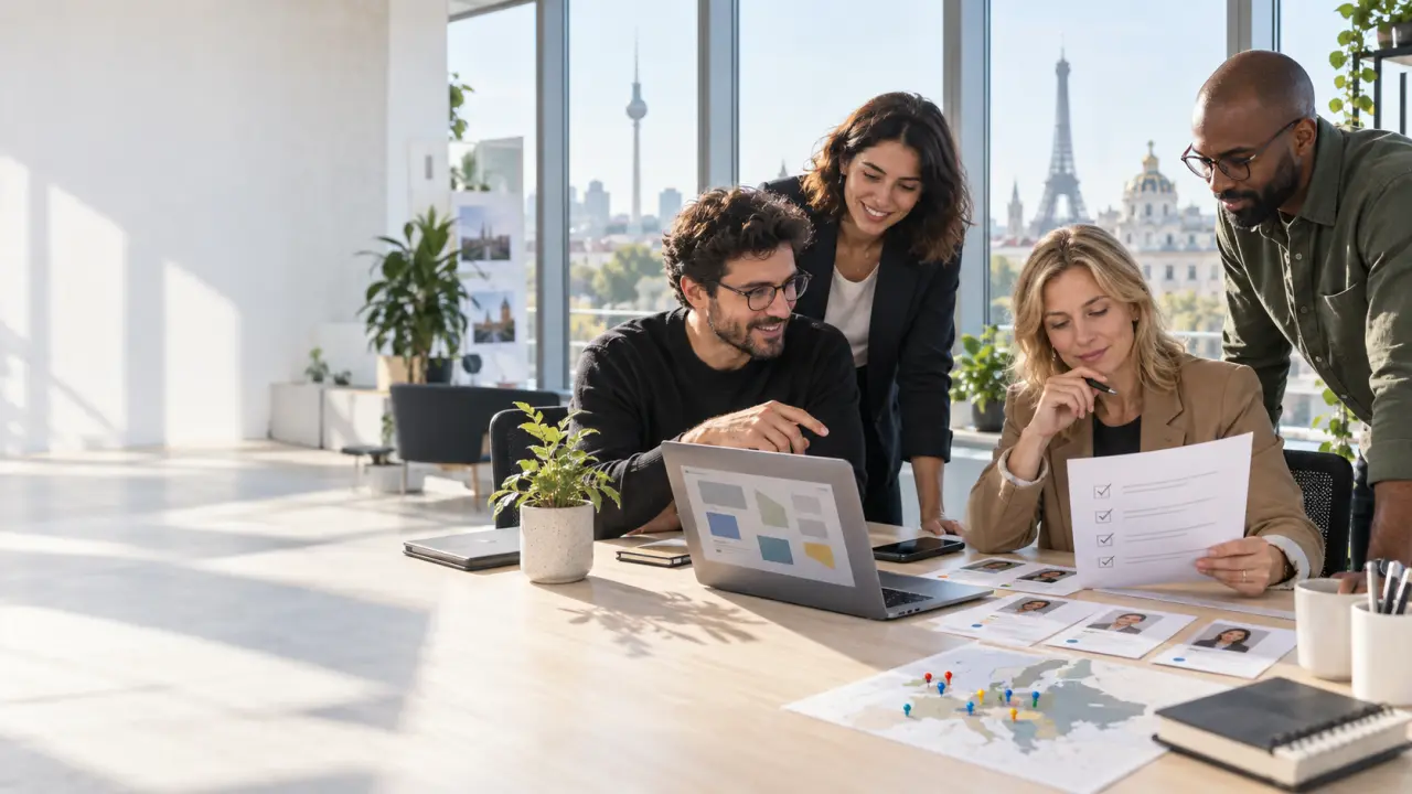 Équipe européenne collaborant sur un projet tech dans un bureau lumineux