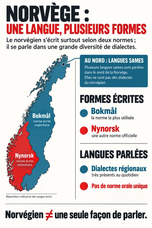 Infographie sur la langue du Norvège, le bokmål, le nynorsk, les dialectes et les langues sames