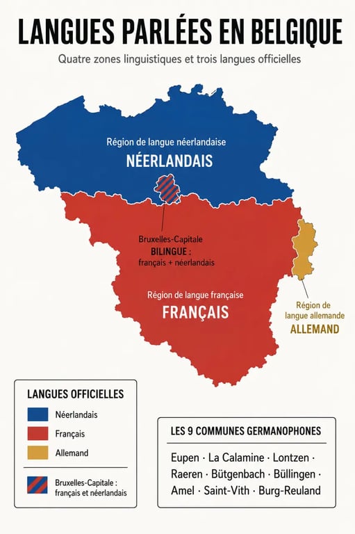 Infographie sur la langue parlée en Belgique et les quatre zones linguistiques officielles
