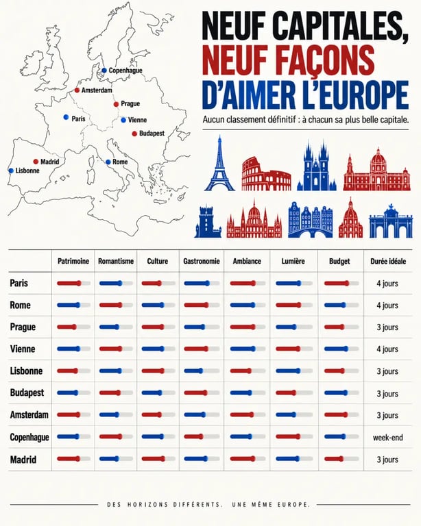 Infographie comparative pour choisir la plus belle capitale d’Europe selon le patrimoine, la culture, le romantisme et l’ambiance
