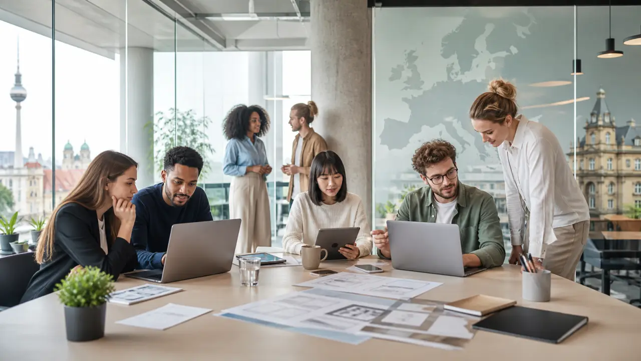Professionnels européens collaborant dans un bureau lumineux