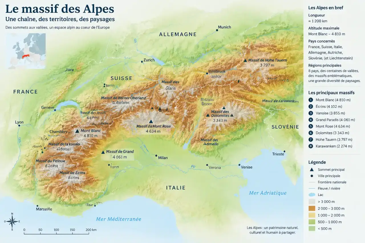 Carte du massif des Alpes : une vue d’ensemble pour situer massifs, vallées et villes