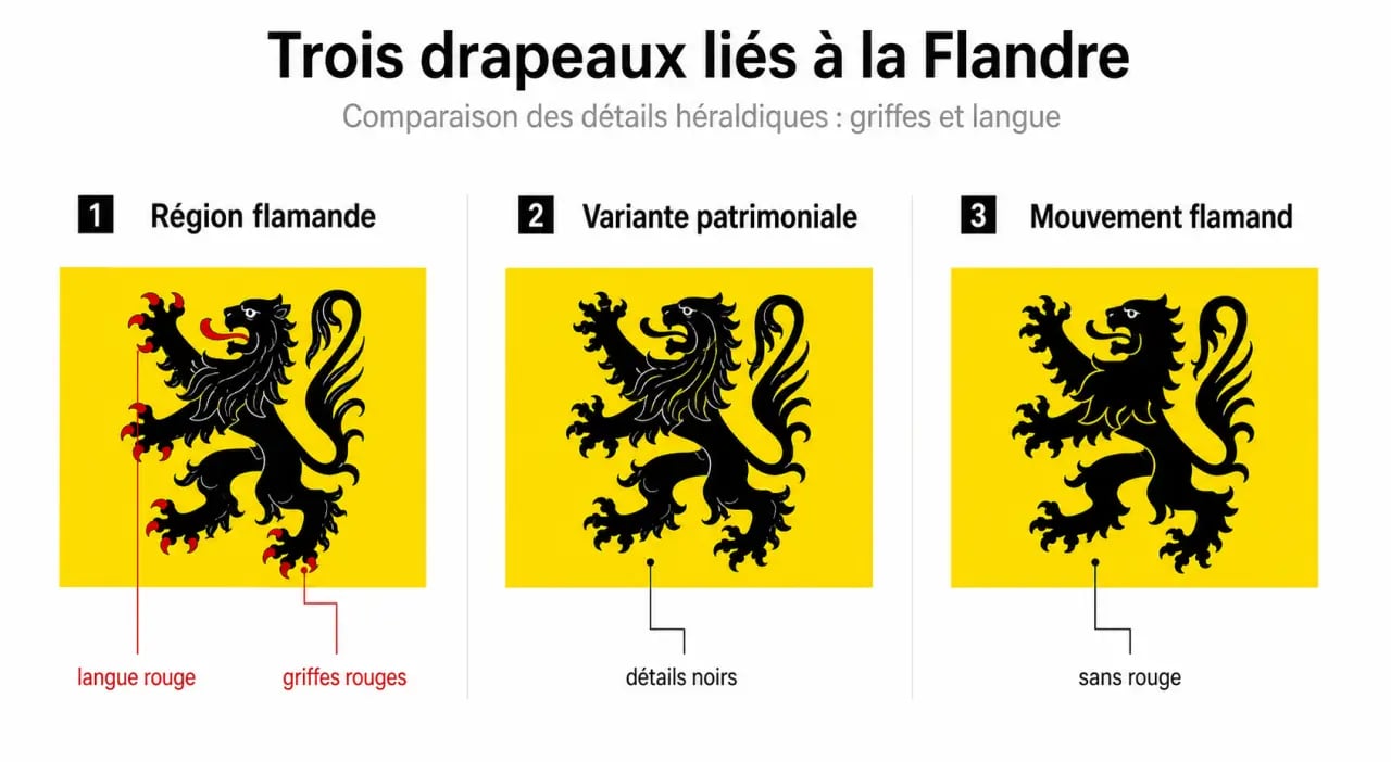 Comparaison visuelle du flandre drapeau entre version officielle, historique et militante