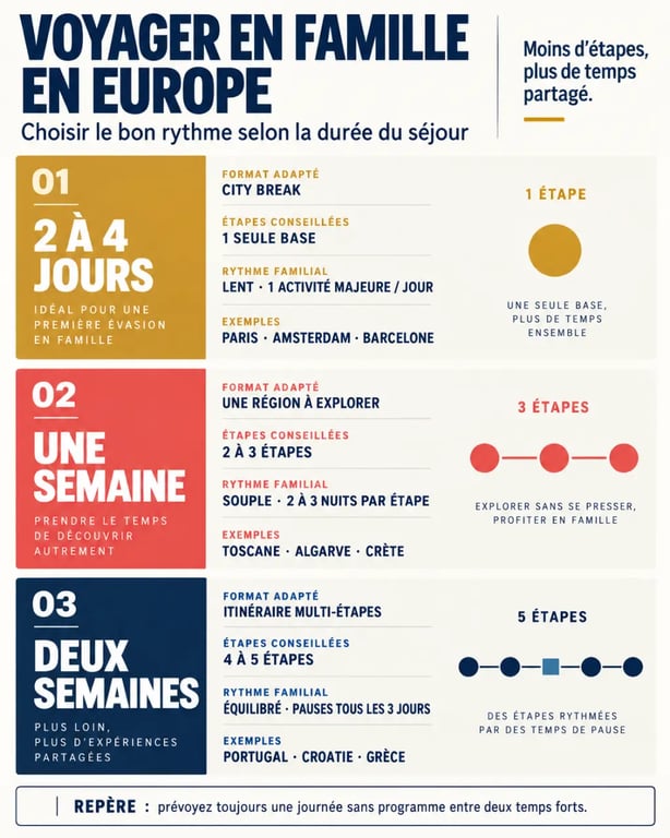 Infographie pour organiser un voyage en famille en Europe selon la durée du séjour