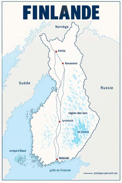 Carte de la Finlande avec Helsinki, la région des lacs, la Laponie et les principales frontières