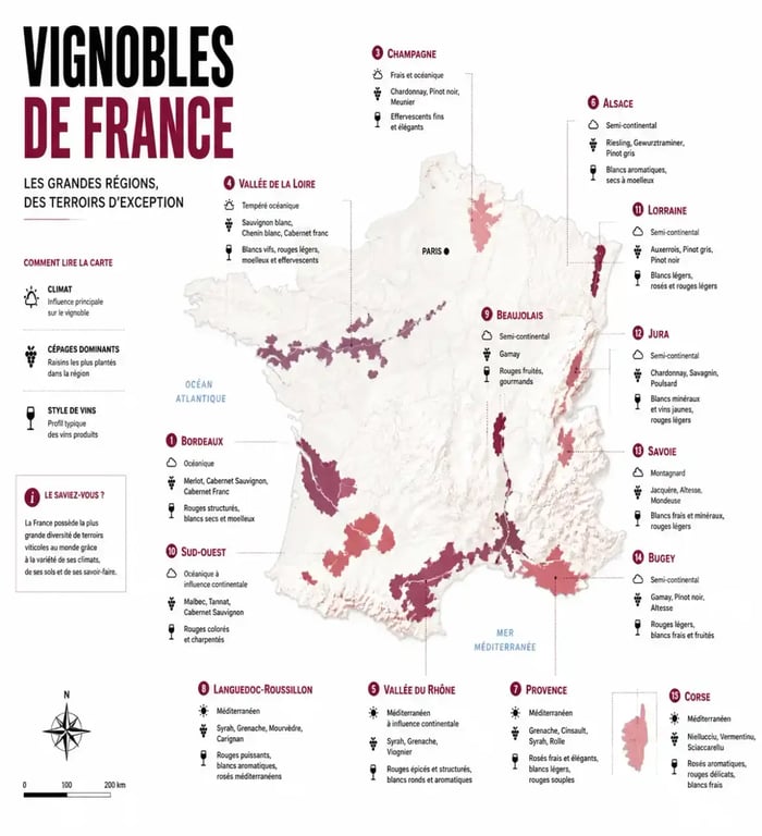 Carte des régions vinicoles de France en vue éditoriale comparative
