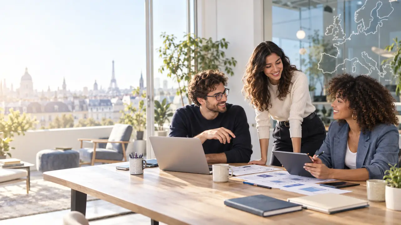 Équipe européenne de professionnels tech collaborant dans un bureau lumineux