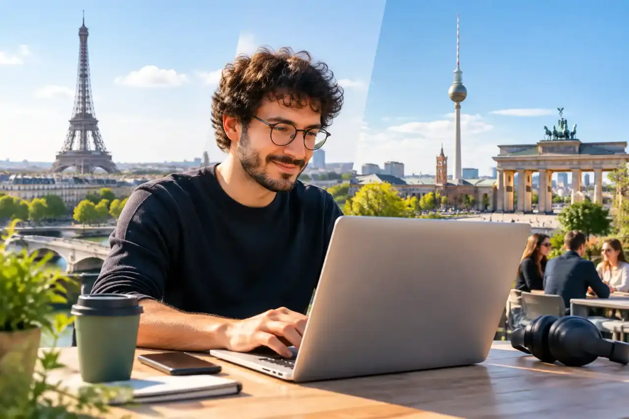 Équipe européenne collaborant sur un projet numérique entre Paris et Berlin