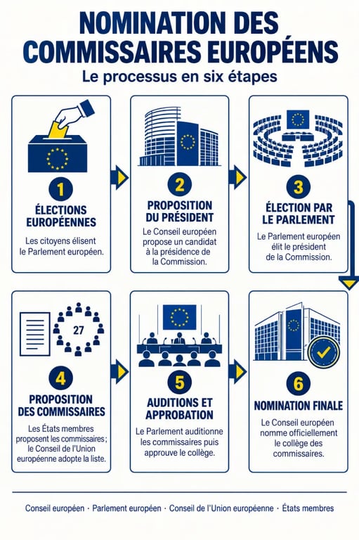 Nomination commissaire européen : frise des six étapes entre États membres, Parlement européen, Conseil de l’Union européenne et Conseil européen
