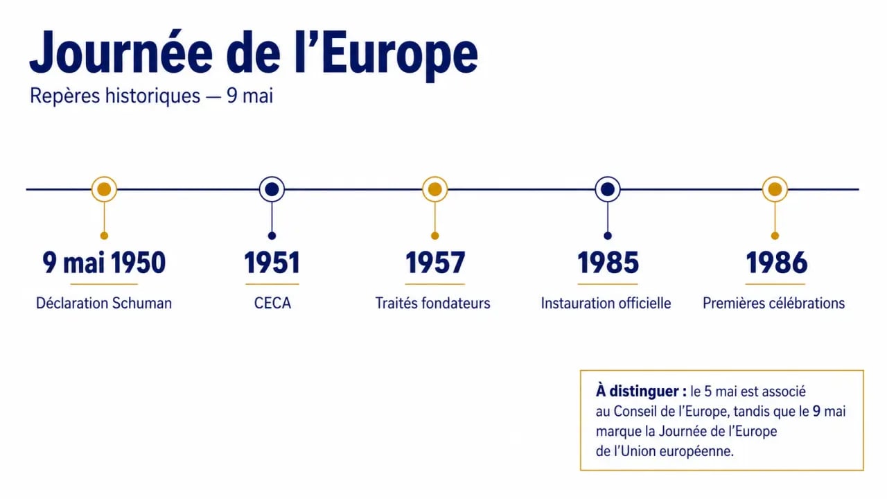 Journée de l’Europe : frise chronologique des dates clés et distinction avec le Conseil de l’Europe