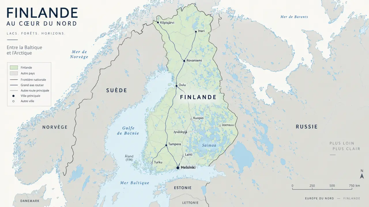 Finlande sur la carte : frontières, lacs et itinéraires jusqu’en Laponie