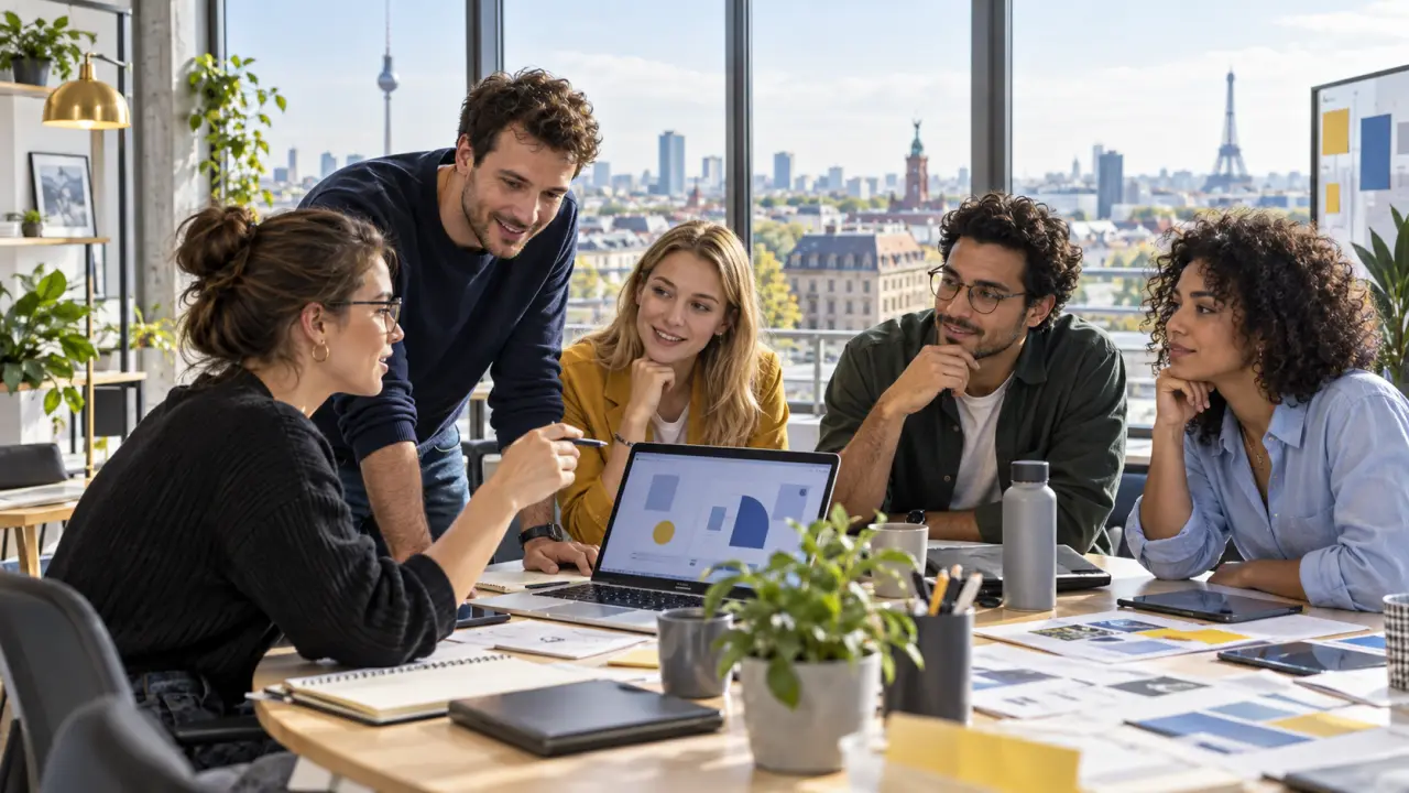 Équipe européenne de professionnels tech réunie dans un espace de travail lumineux