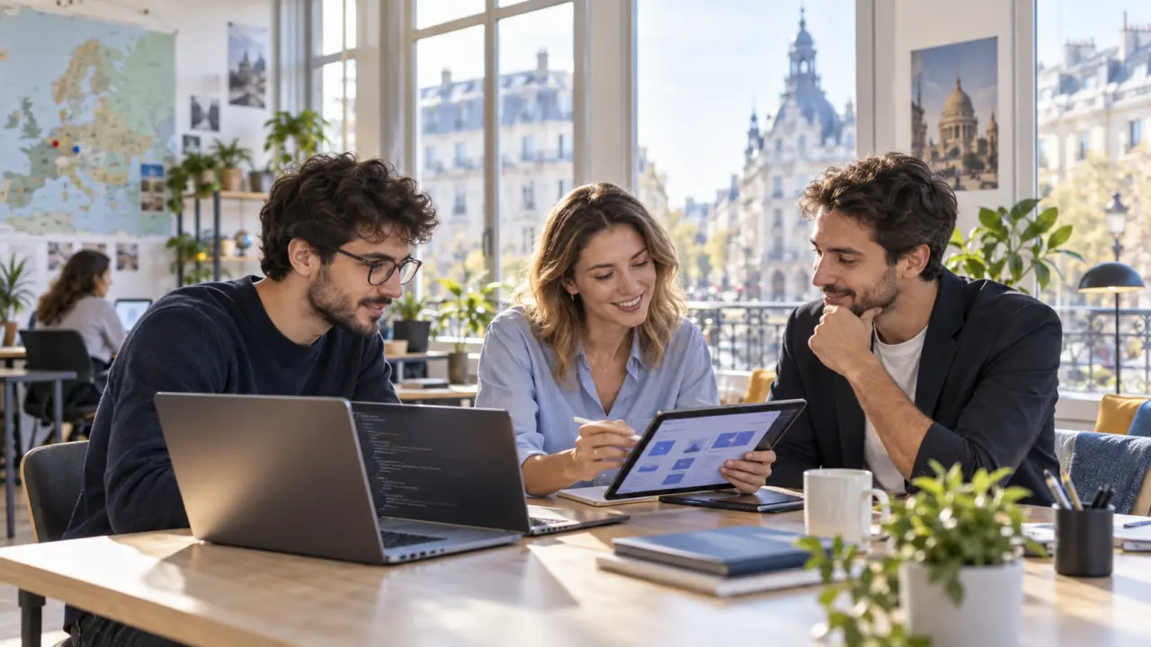 Équipe européenne collaborant sur un projet numérique dans un bureau lumineux