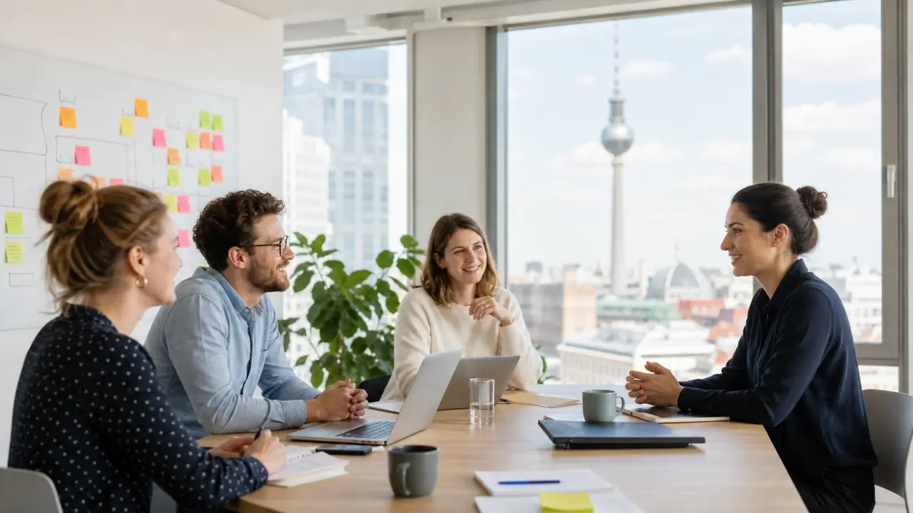 Professionnels collaborant dans un bureau lumineux avec vue urbaine européenne