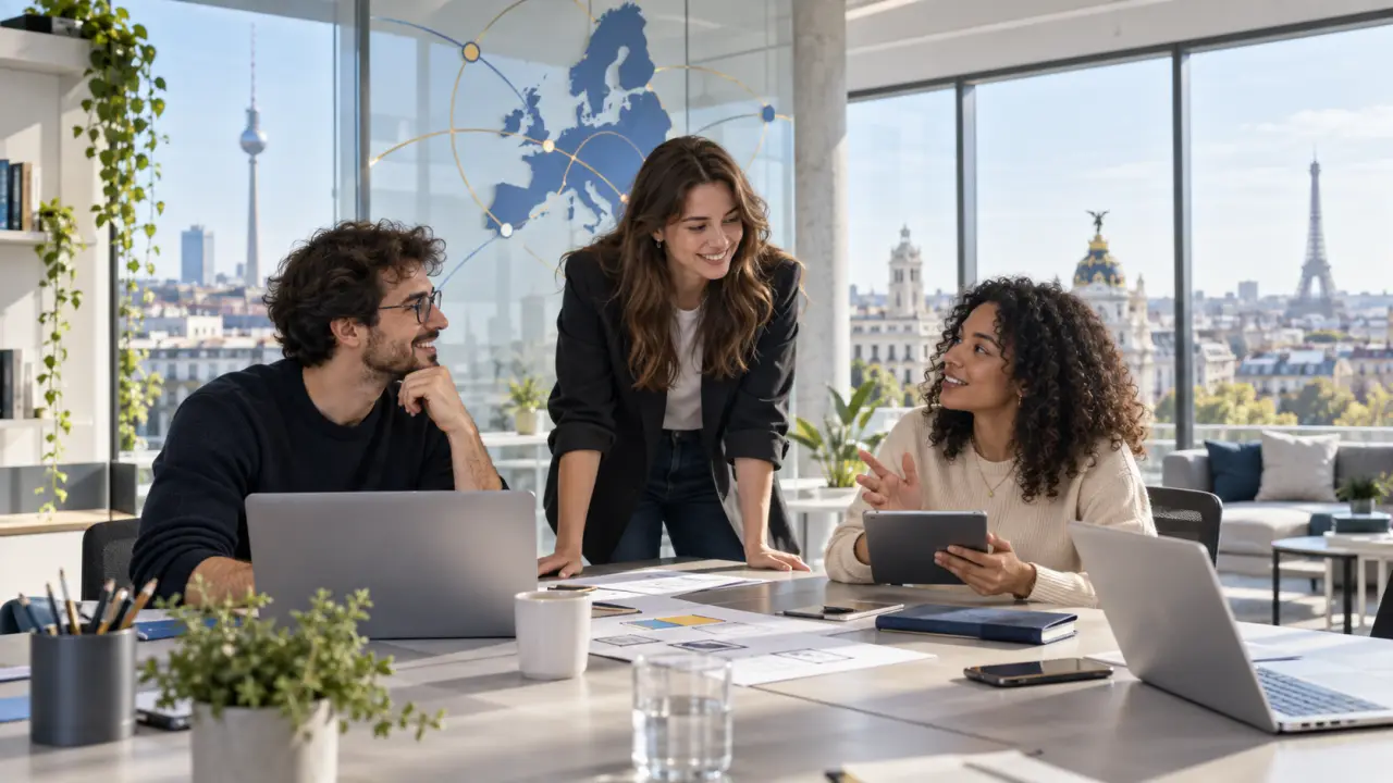 Équipe européenne de professionnels tech réunie dans un bureau lumineux