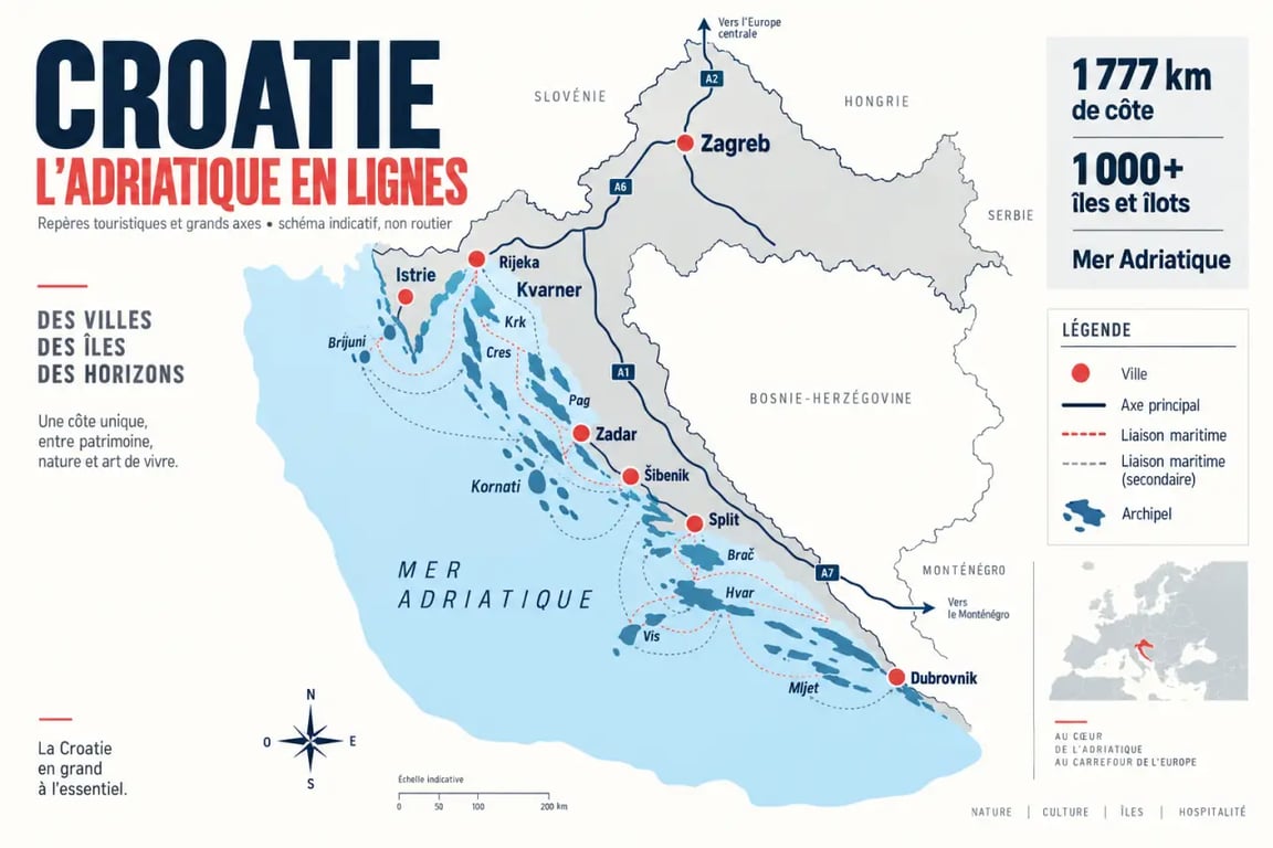 Carte touristique de la Croatie avec régions, villes, îles et principaux axes de transport