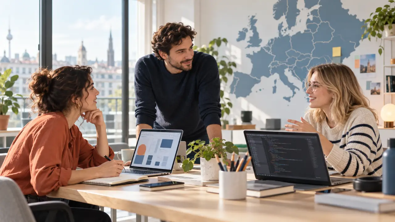 Équipe européenne de talents tech collaborant dans un bureau lumineux