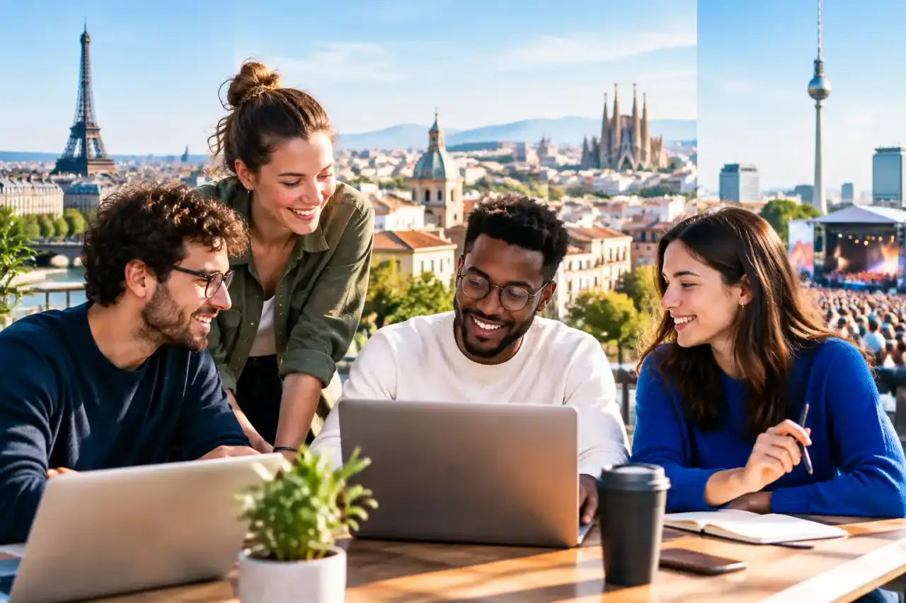 Équipe européenne de professionnels tech collaborant dans un bureau lumineux