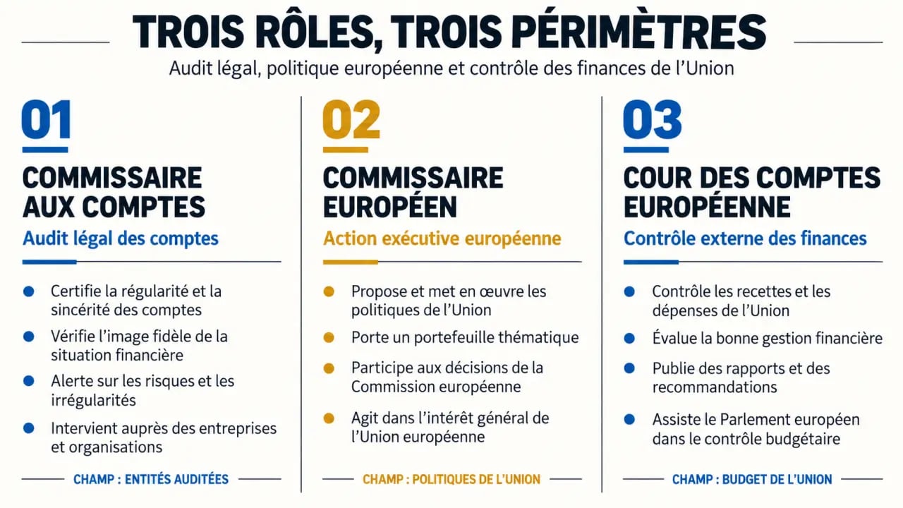 Comparaison entre commissaire aux comptes européen, commissaire européen et Cour des comptes européenne