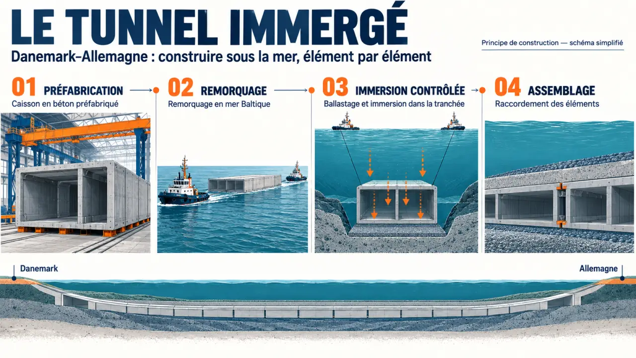 Illustration de la construction du tunnel Danemark-Allemagne par caissons immergés