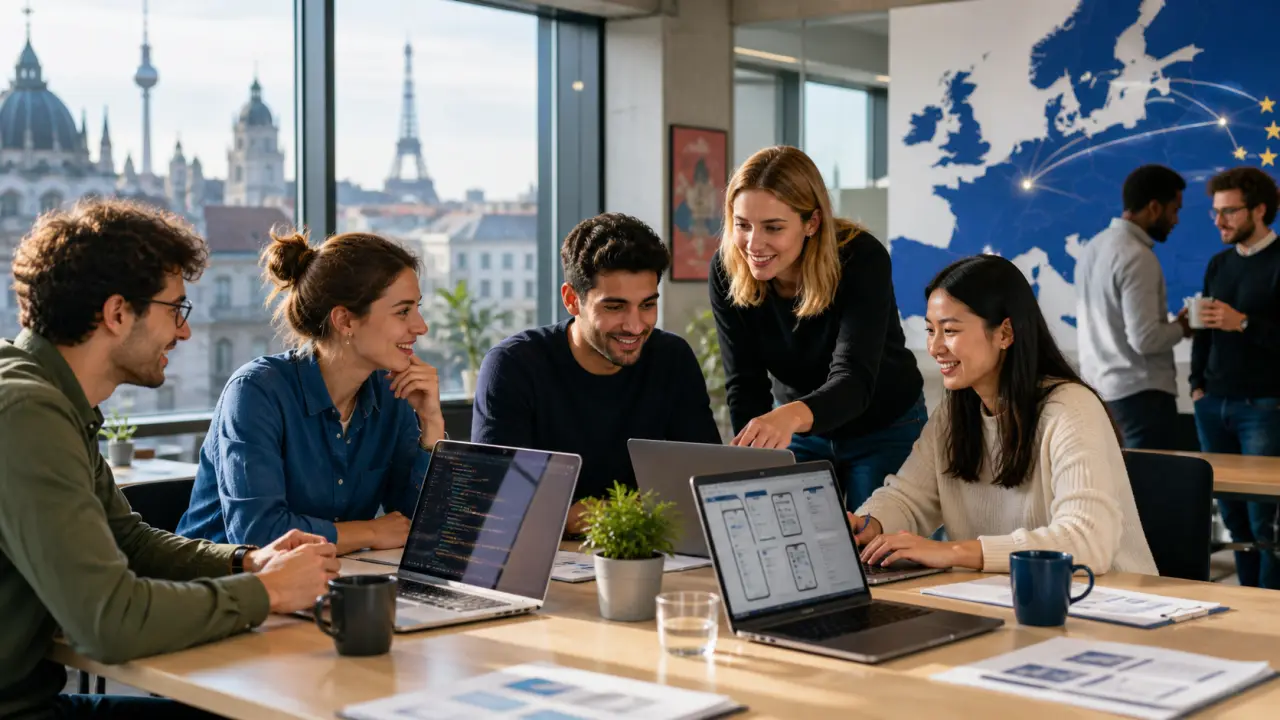Professionnels européens collaborant dans un bureau lumineux et moderne