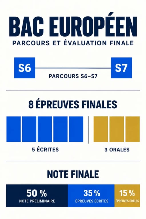 Infographie du bac européen : parcours S6-S7, huit épreuves et calcul de la note finale