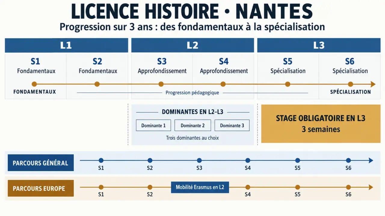 Schéma comparatif de la Licence Histoire à Nantes entre parcours général et Parcours Europe