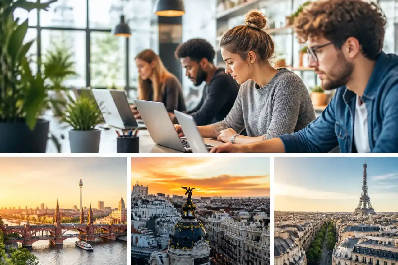 Équipe de développeurs et juristes collaborant à distance en Europe