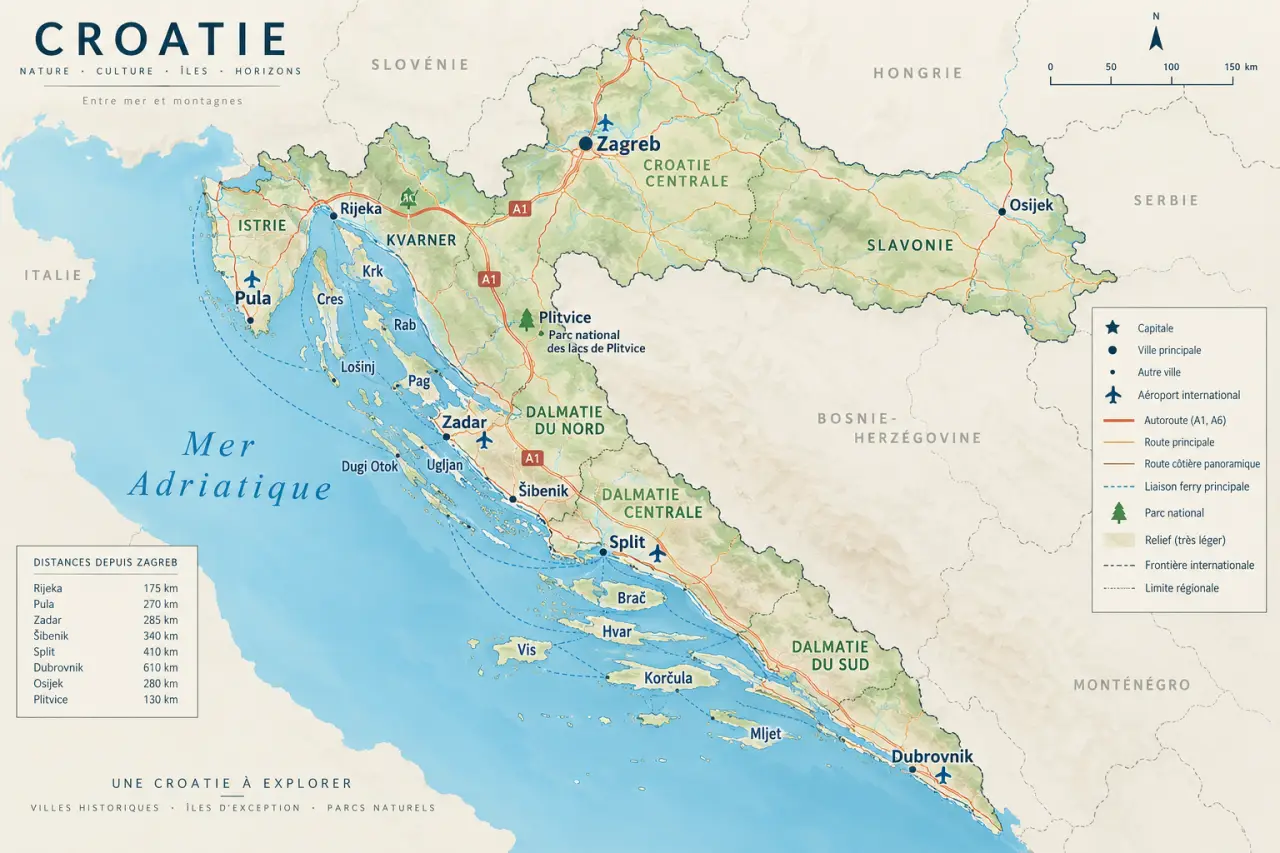 Carte touristique de la Croatie : repérez les régions, les îles et les axes utiles