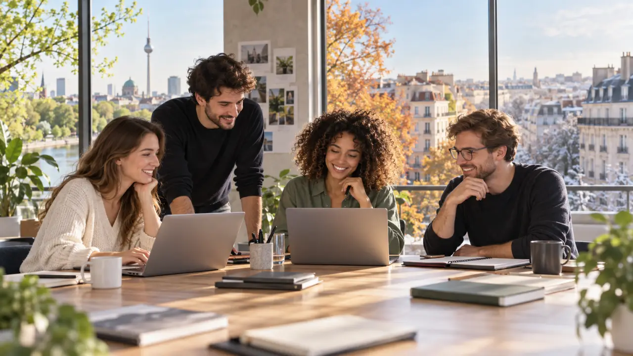 Équipe européenne de professionnels tech réunie dans un espace de travail lumineux