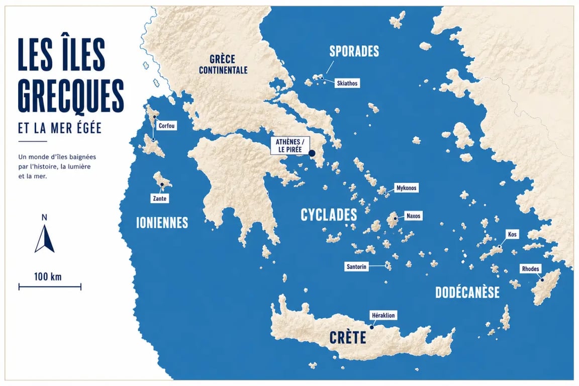 Carte grece iles des grands archipels grecs avec les Cyclades, la Crète, les Ioniennes, les Sporades et le Dodécanèse