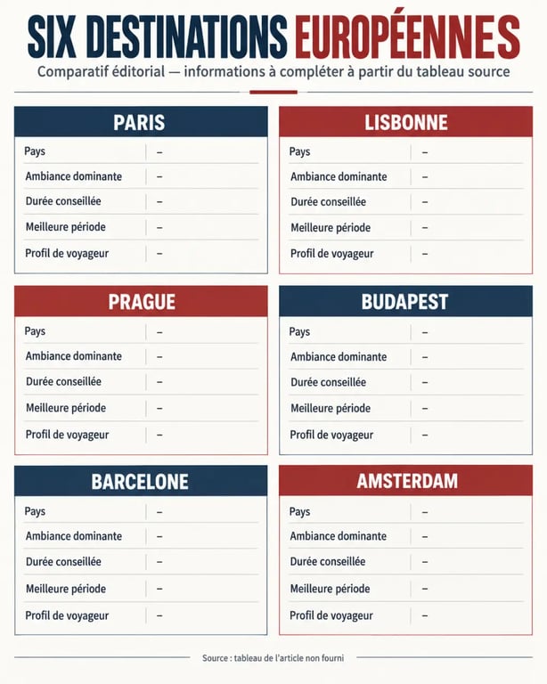 Infographie comparative pour choisir la plus belle ville d’Europe selon l’ambiance, la durée et la saison