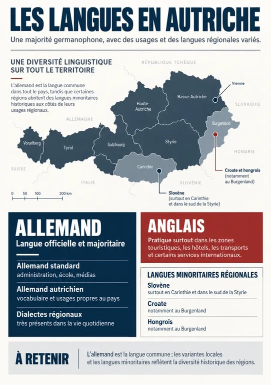 Infographie sur la langue Autriche : allemand officiel, dialectes, anglais et langues minoritaires