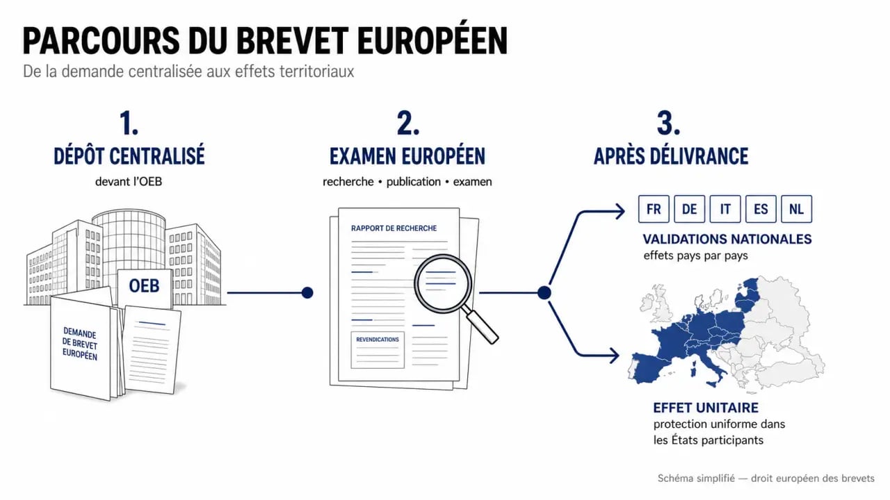 Schéma du brevet européen montrant le dépôt à l’OEB, l’examen et la validation du brevet européen
