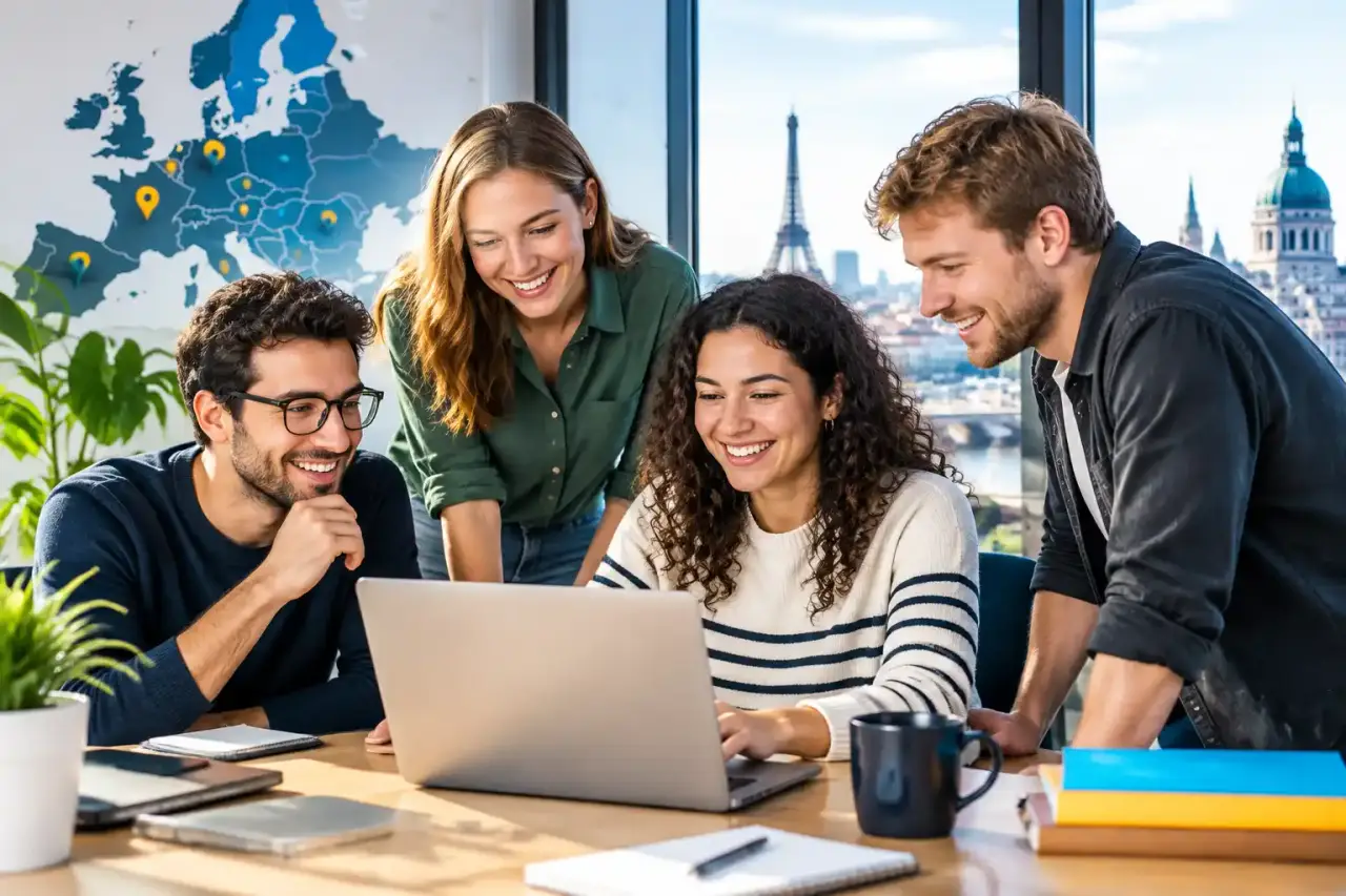 Équipe européenne de professionnels tech réunie dans un bureau lumineux