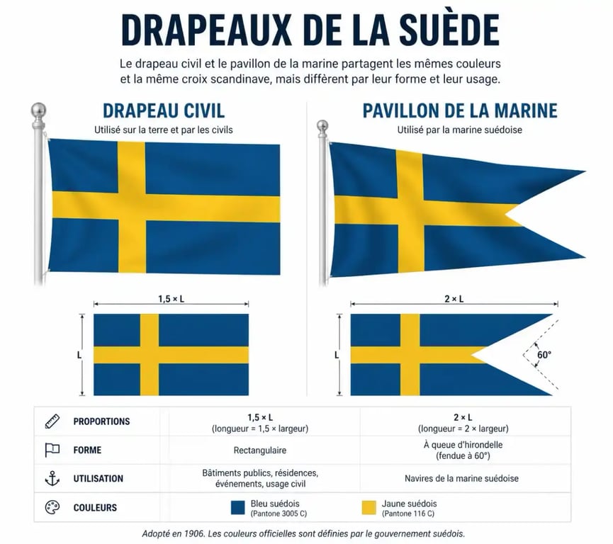Comparaison visuelle entre le drapeau civil suédois et le pavillon naval à trois pointes