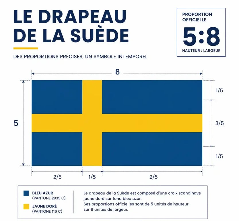 Schéma des proportions officielles du drapeau de la Suède avec ses couleurs bleu et jaune