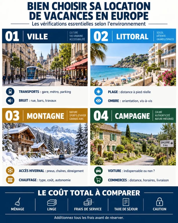 Location vacances Europe : critères de choix selon la mer, la ville, la montagne ou la campagne