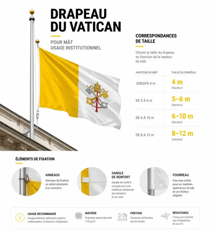 Vatican drapeau pour mât avec repères de tailles et fixations