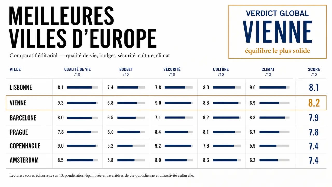 Quelle est la meilleure ville en Europe ? Comparatif visuel des meilleures villes en Europe selon la qualité de vie, le budget, la sécurité et la culture