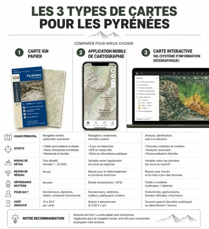 Comparatif des types de cartes pour randonner dans les Pyrénées : IGN, numérique et interactive