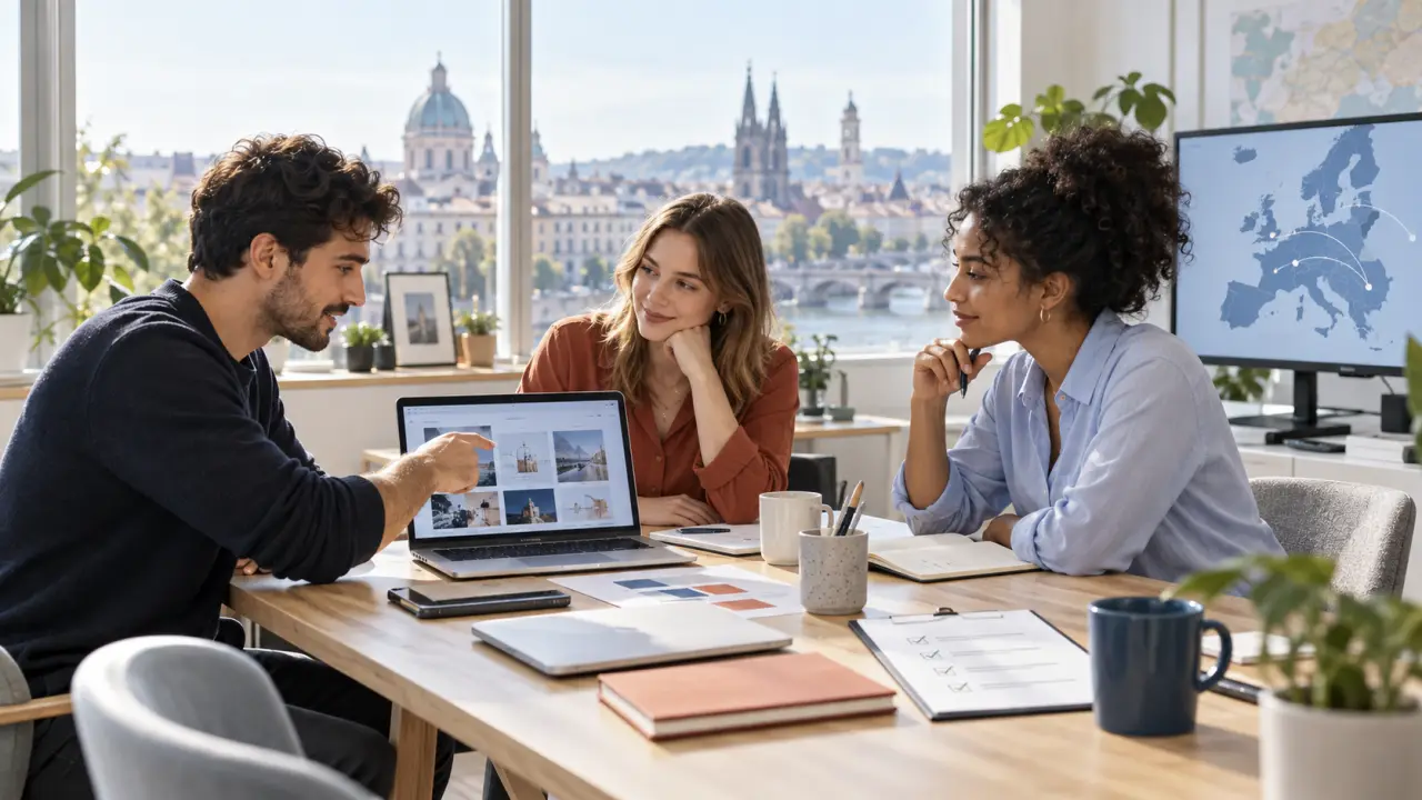 Équipe européenne de professionnels tech réunie dans un espace de travail lumineux