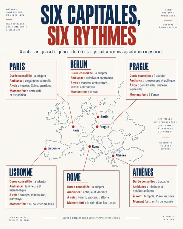 Infographie comparative des capitales européennes à visiter selon la durée, l’ambiance et les attractions